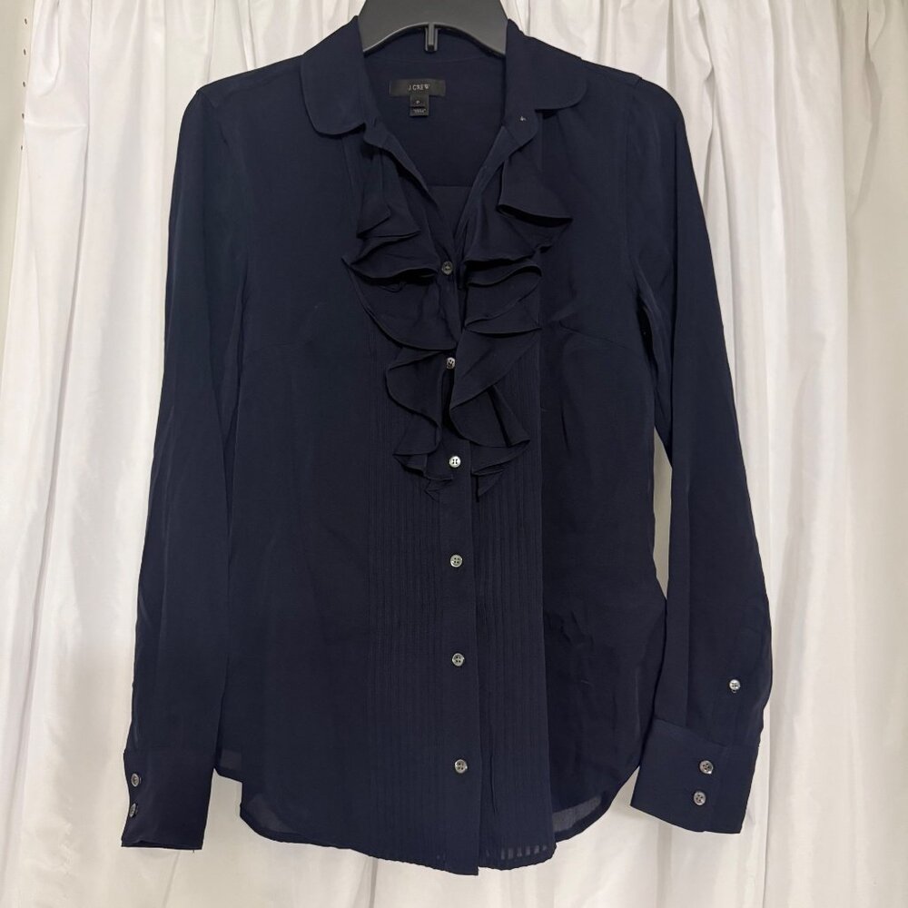 J.Crew Womens Navy Long-Sleeve Ruffle Front Blouse Size 0